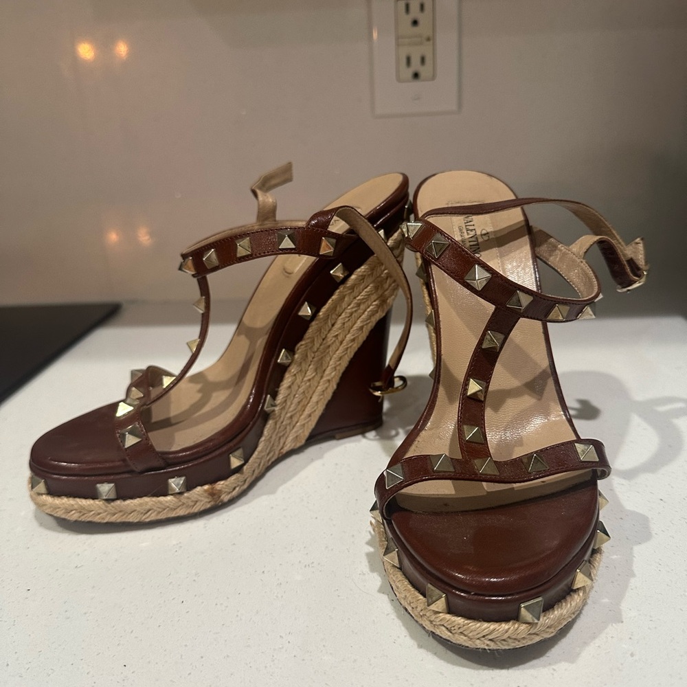 Valentino Brown Studded Wedge Sandals